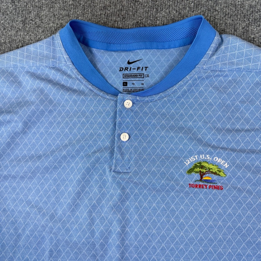 Nike Vapor Blade Collar Polo Shirt Mens XL Blue Textured Torrey Pines Golf Open